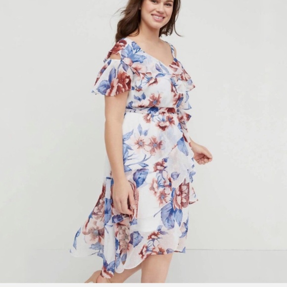 Lane Bryant Plus size 30 Midi Floral Ruffle Layered Tie Back White Blue Dots - Picture 2 of 8